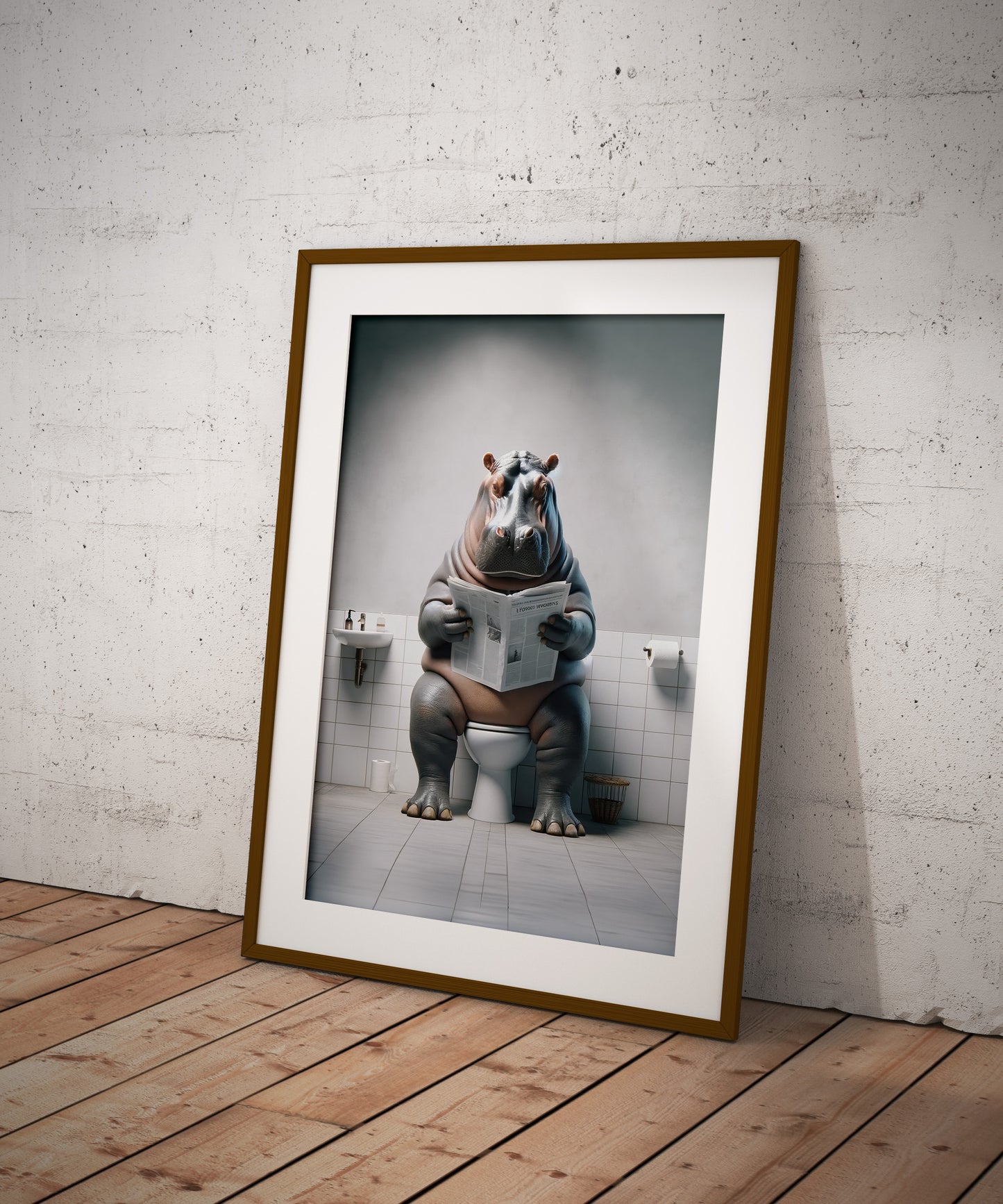 Poster Humour : Hippopotame Lisant aux Toilettes - Décoration WC Amusante - Cadre Déco Salle de Bain - Cadeau Original