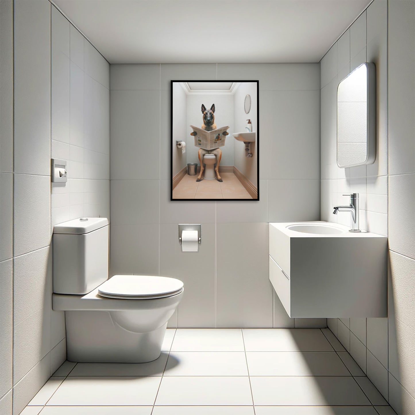 Poster Malinois lisant le journal, Déco WC humoristique, Cadre déco Salle de bain, Idée cadeau Chien Fun