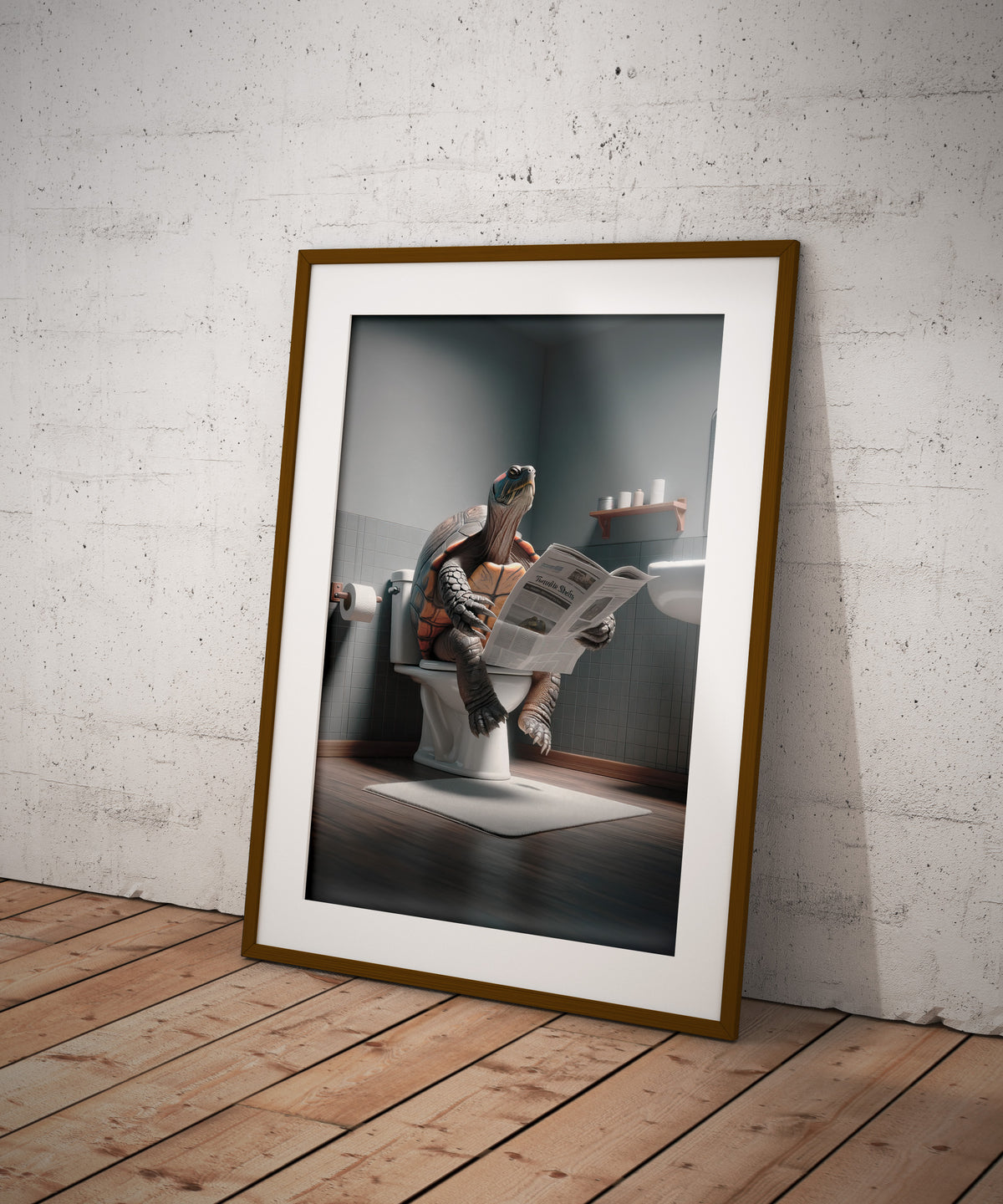 Funny turtle toilet poster, dark wood frame and white mat propped against a concrete wall
