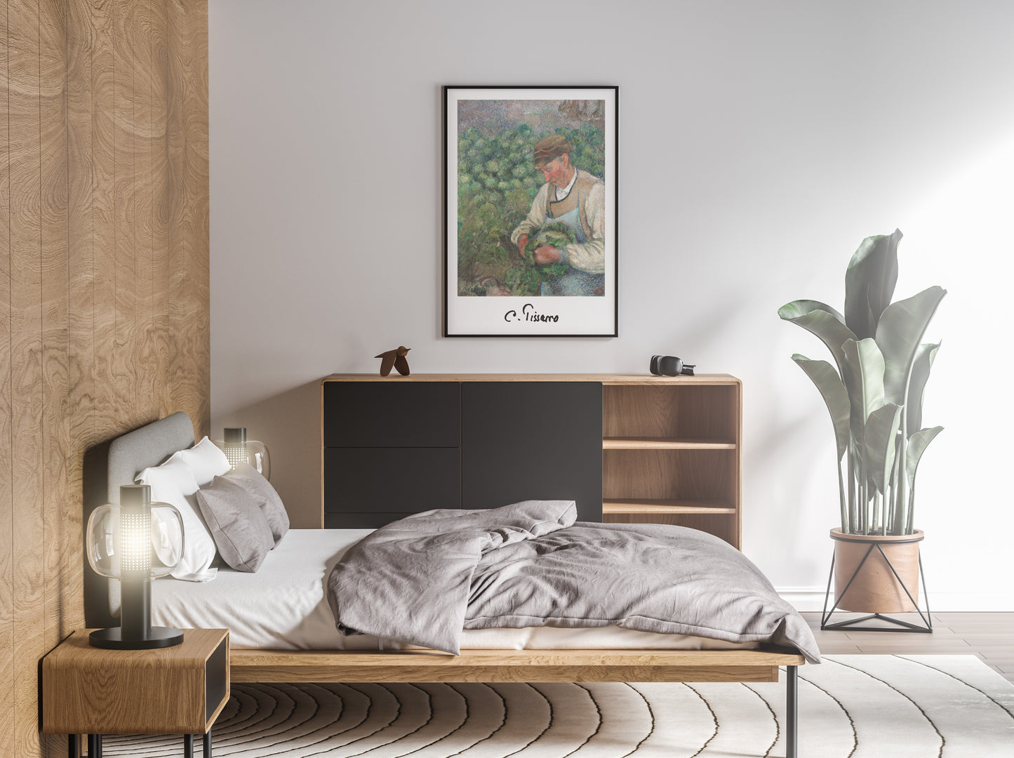 Affiche Pissarro vieux paysan avec chou au-dessus d'un lit, chambre claire avec plante