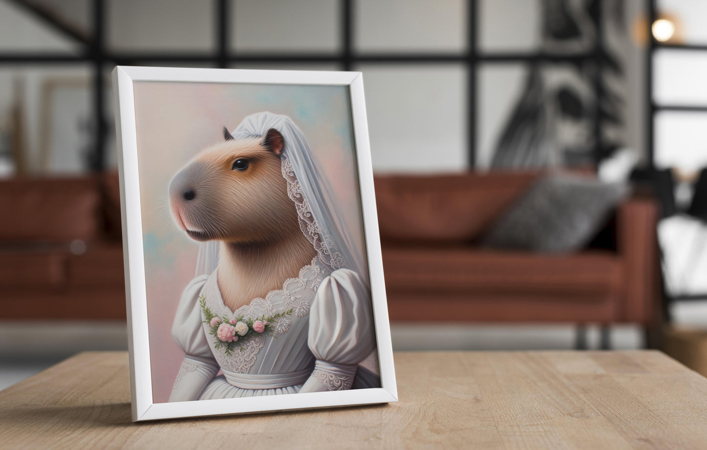 Poster capybara en robe de mariée en cadre blanc posé sur une table en bois, salon en fond