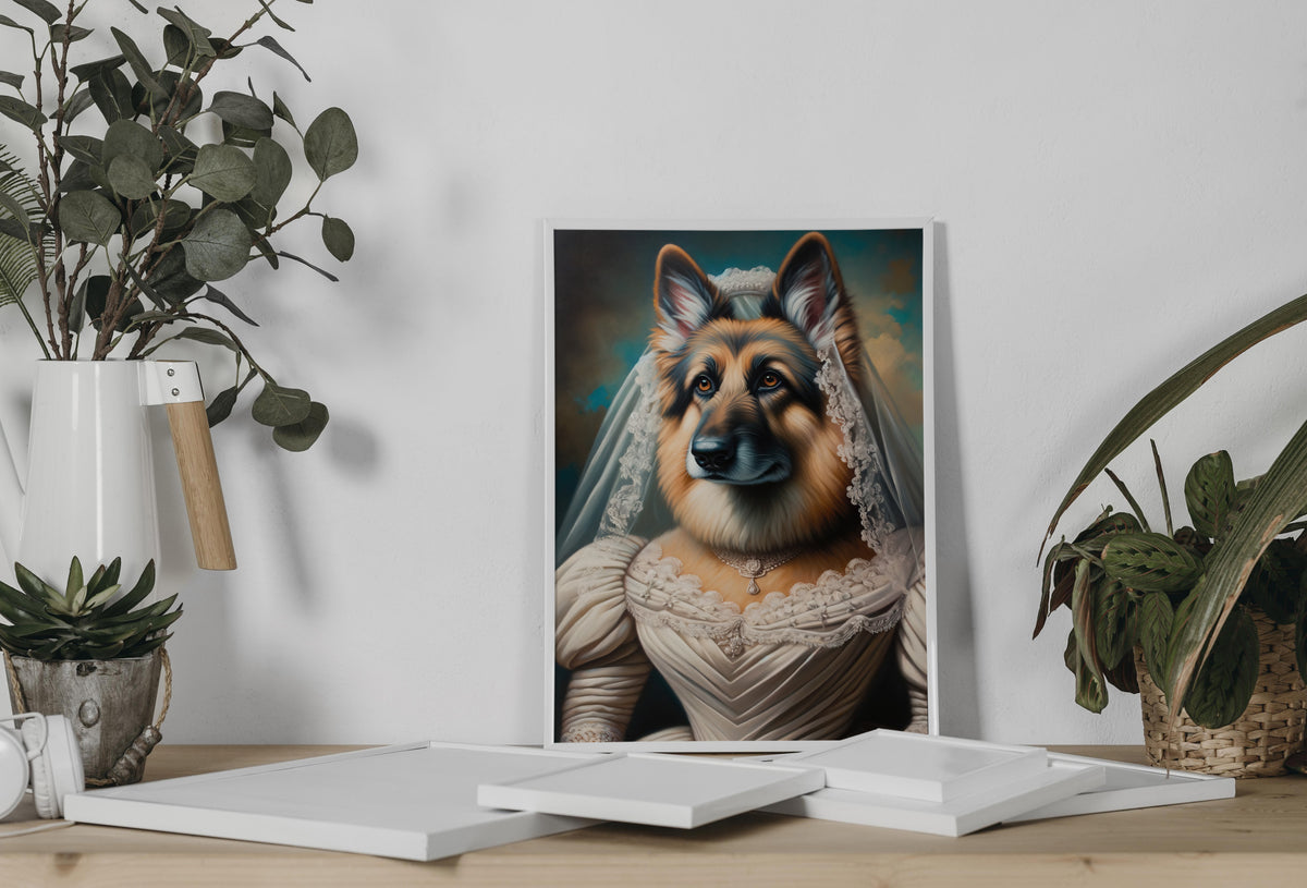 Poster berger allemand mariée appuyé au mur sur une console, entre eucalyptus et plante