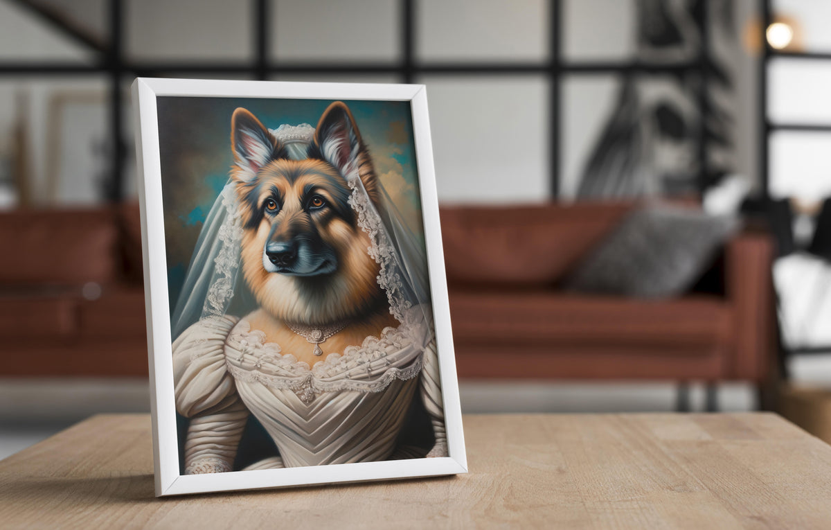 Poster berger allemand mariée, cadre blanc sur une table en bois, canapé en cuir flou au fond