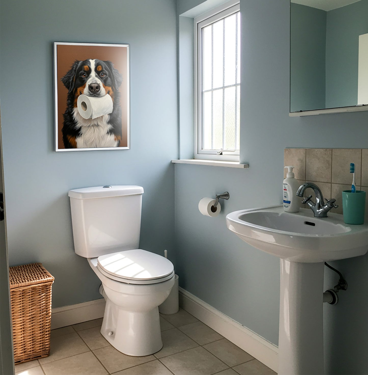 Poster Bouvier bernois au papier toilette encadré sur un mur bleu, près d'une fenêtre