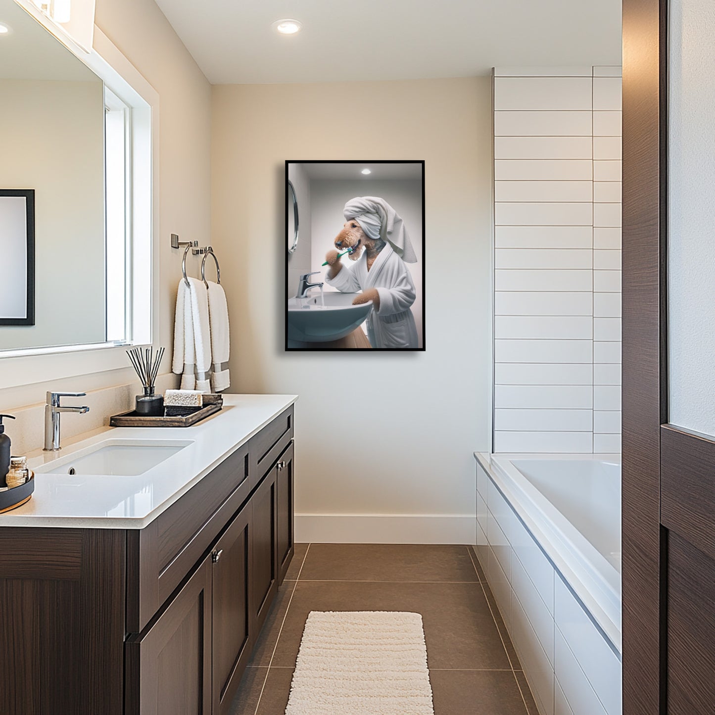 Poster Airedale Terrier en peignoir, cadre noir près d'un meuble vasque bois foncé et d'un tapis de bain blanc