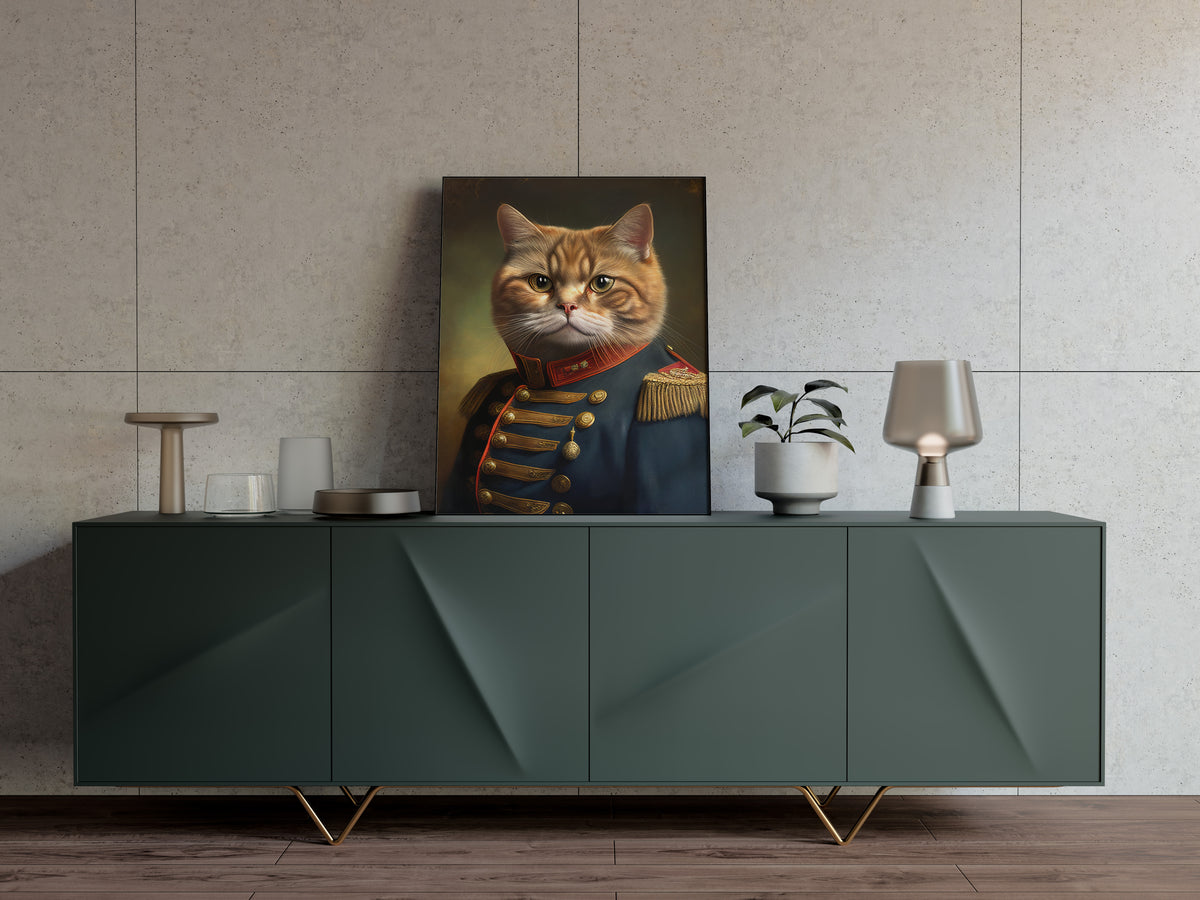 Poster chat roux en uniforme militaire posé sur un buffet vert, mur en dalles beiges