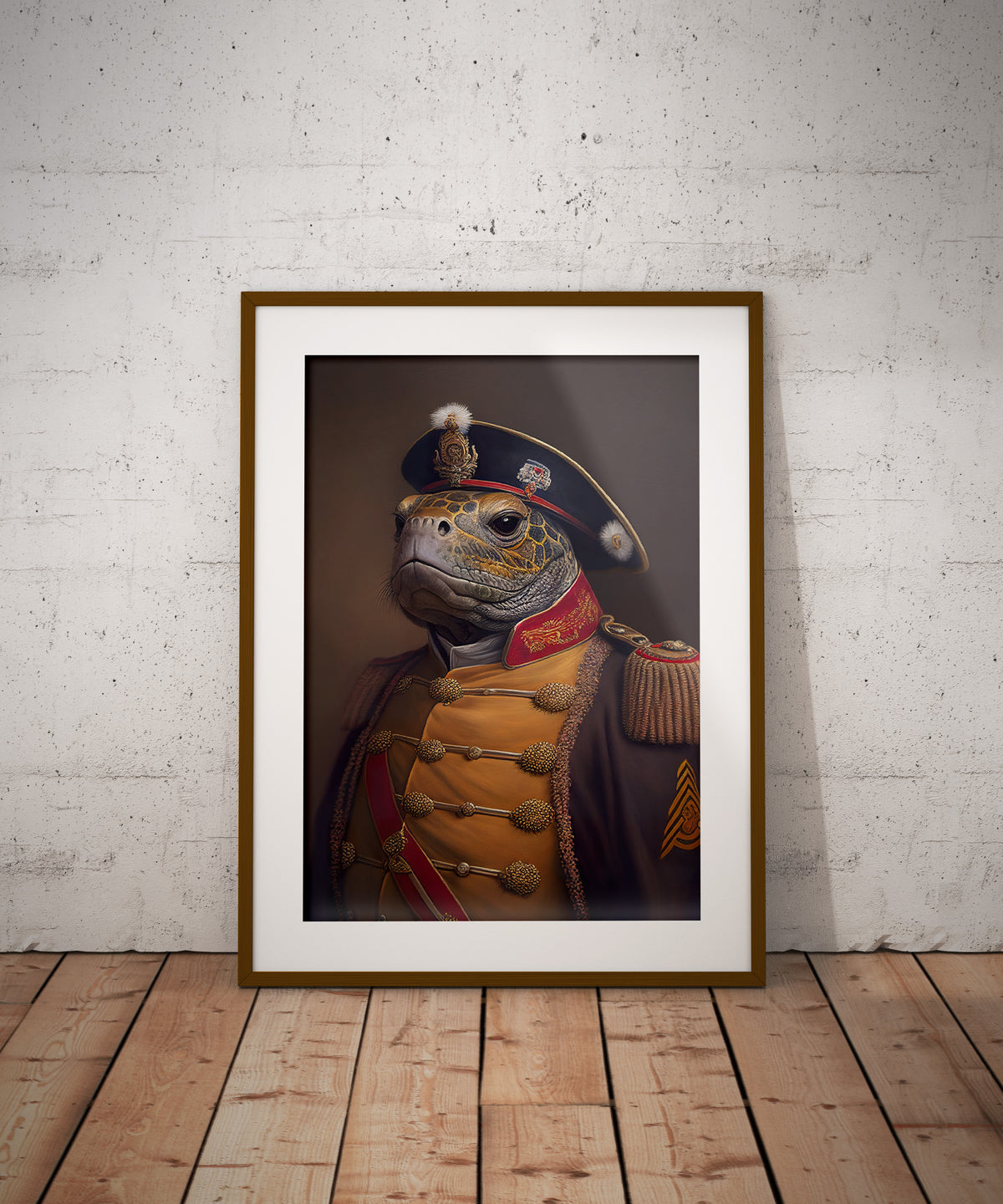 Turtle in uniform poster in a dark wood frame with a mat on the floor against a white brick wall