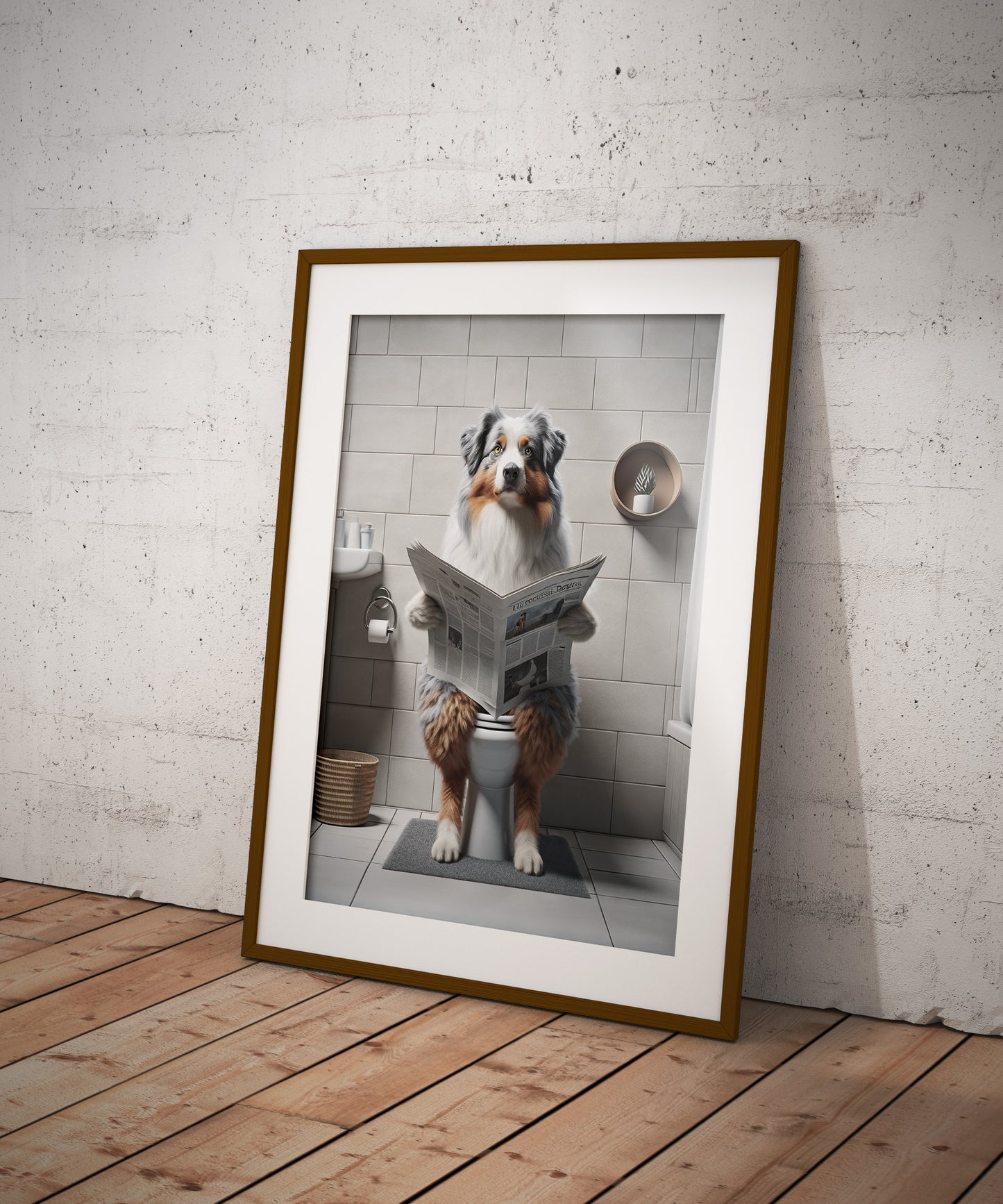 Poster berger australien lisant le journal en cadre bois foncé et passe-partout, au sol contre un mur blanchi