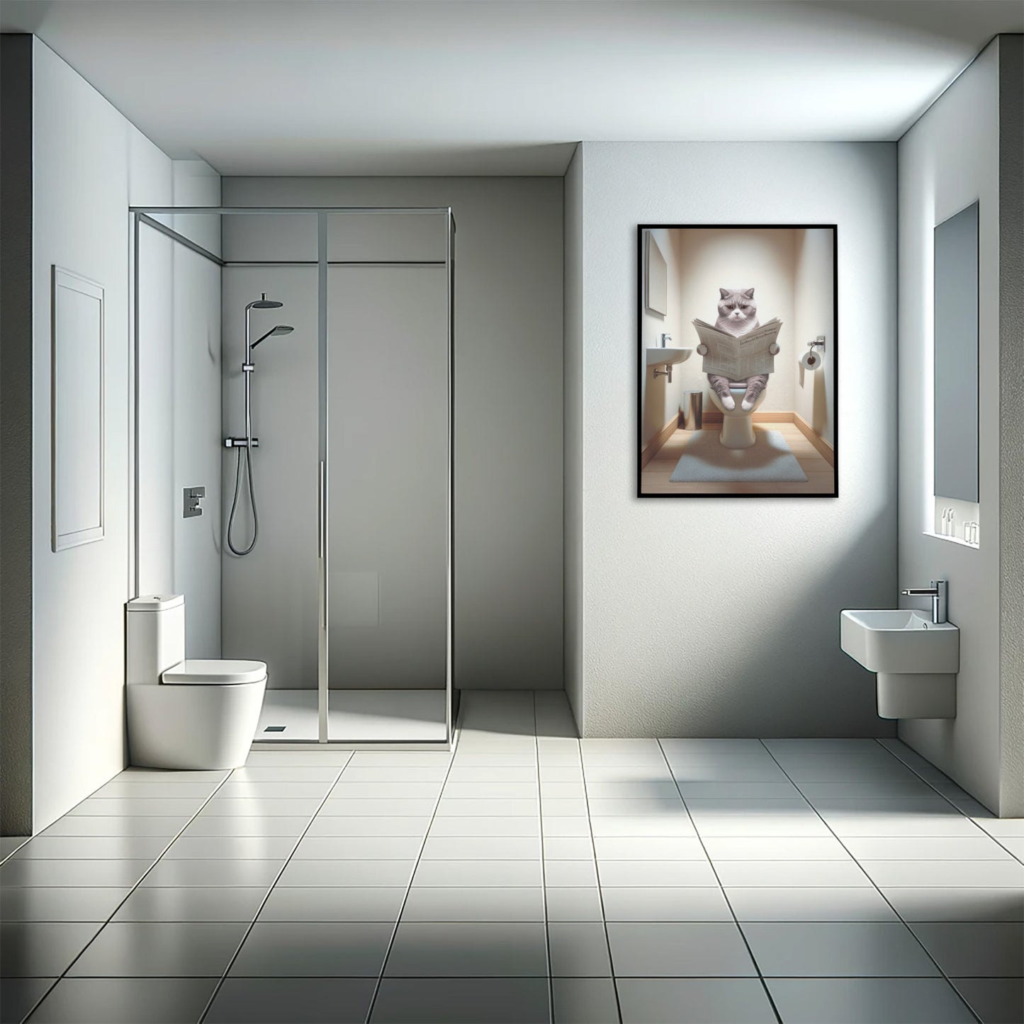 Affiche murale Chat British Shorthair Lilas-Blanc sur toilettes, Déco WC Humour, Poster Salle de Bain Cadeau