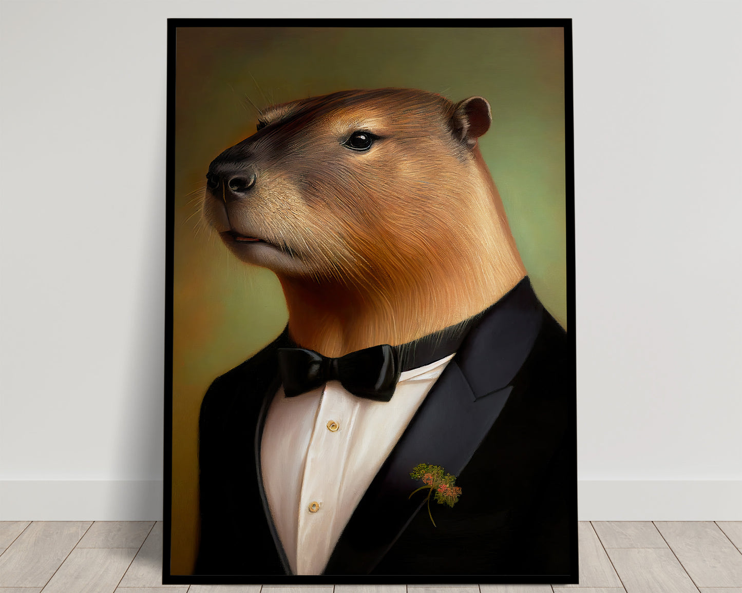 Portrait of a capybara in a black tuxedo and bow tie with a boutonniere, green background, Balthazart Studio poster