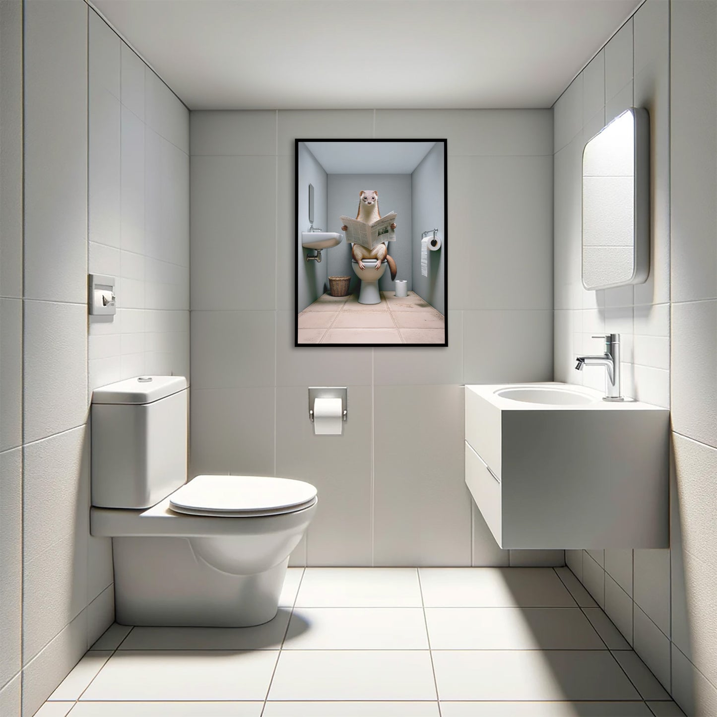 Poster Humour: Fouine lisant le journal aux toilettes - Décoration WC originale, Cadre Salle de bain, Idée cadeau amusante