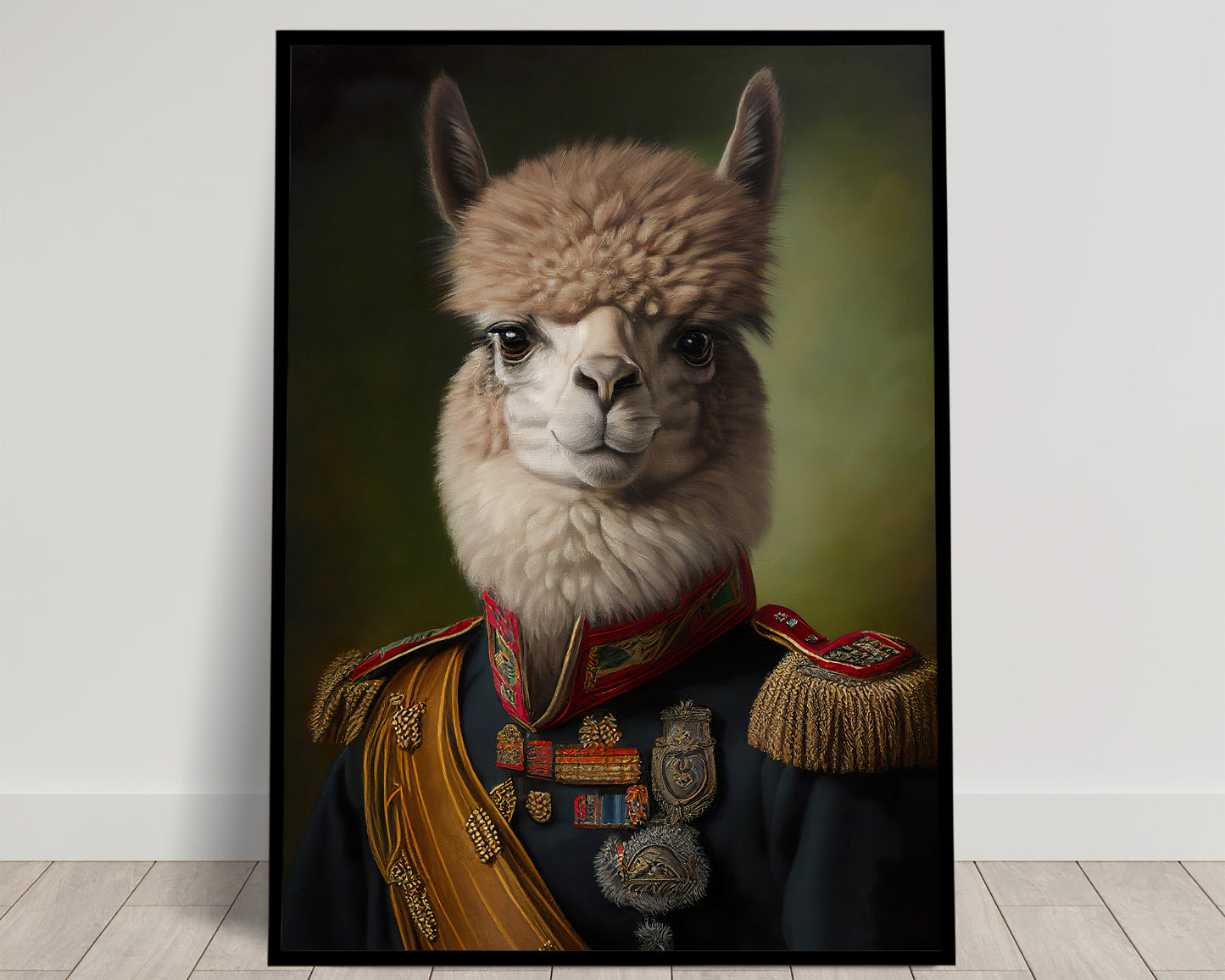 Portrait of a fluffy alpaca in a dark uniform with red collar, gold epaulettes and medals, Balthazart Studio poster