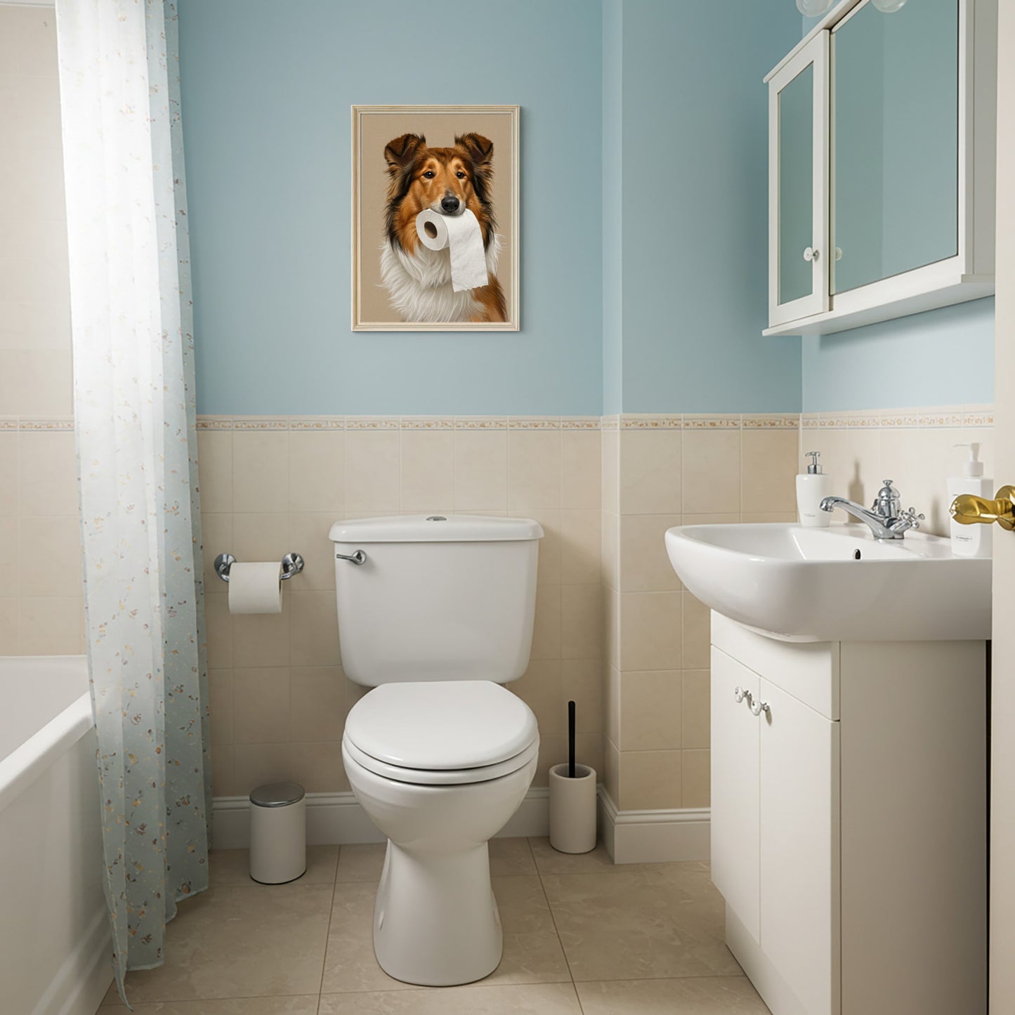 Poster Colley et son rouleau de papier toilette sur un mur bleu ciel au-dessus des WC