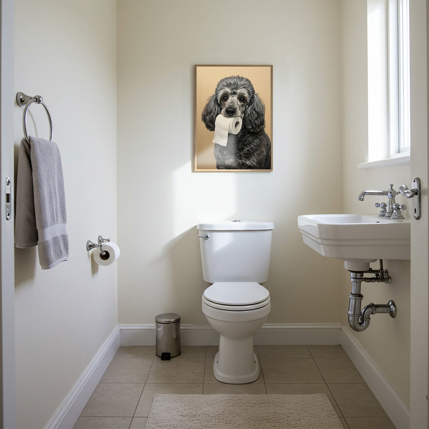 Funny Poodle Bathroom Poster – Silver Poodle Wall Art, Dog Lover Gift, Toilet Humor Decor, Framed or Unframed Print