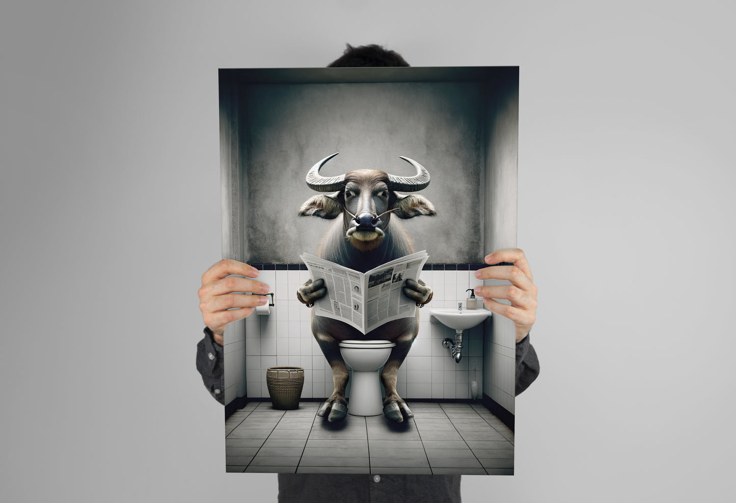 Poster Buffle lisant le journal aux toilettes, Décoration Humoristique WC, Affiche Salle de bain, Cadeau Original Fun