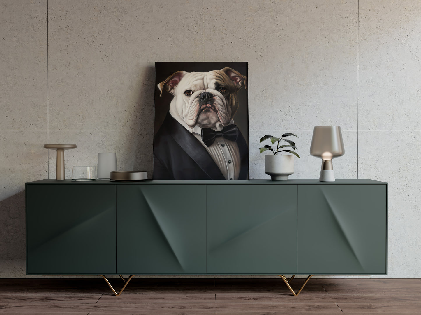 English bulldog tuxedo poster resting on a dark green sideboard against a textured beige wall