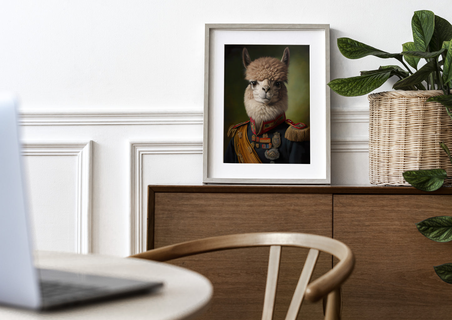 Alpaca officer poster in a natural wood frame with a mat on a wooden sideboard
