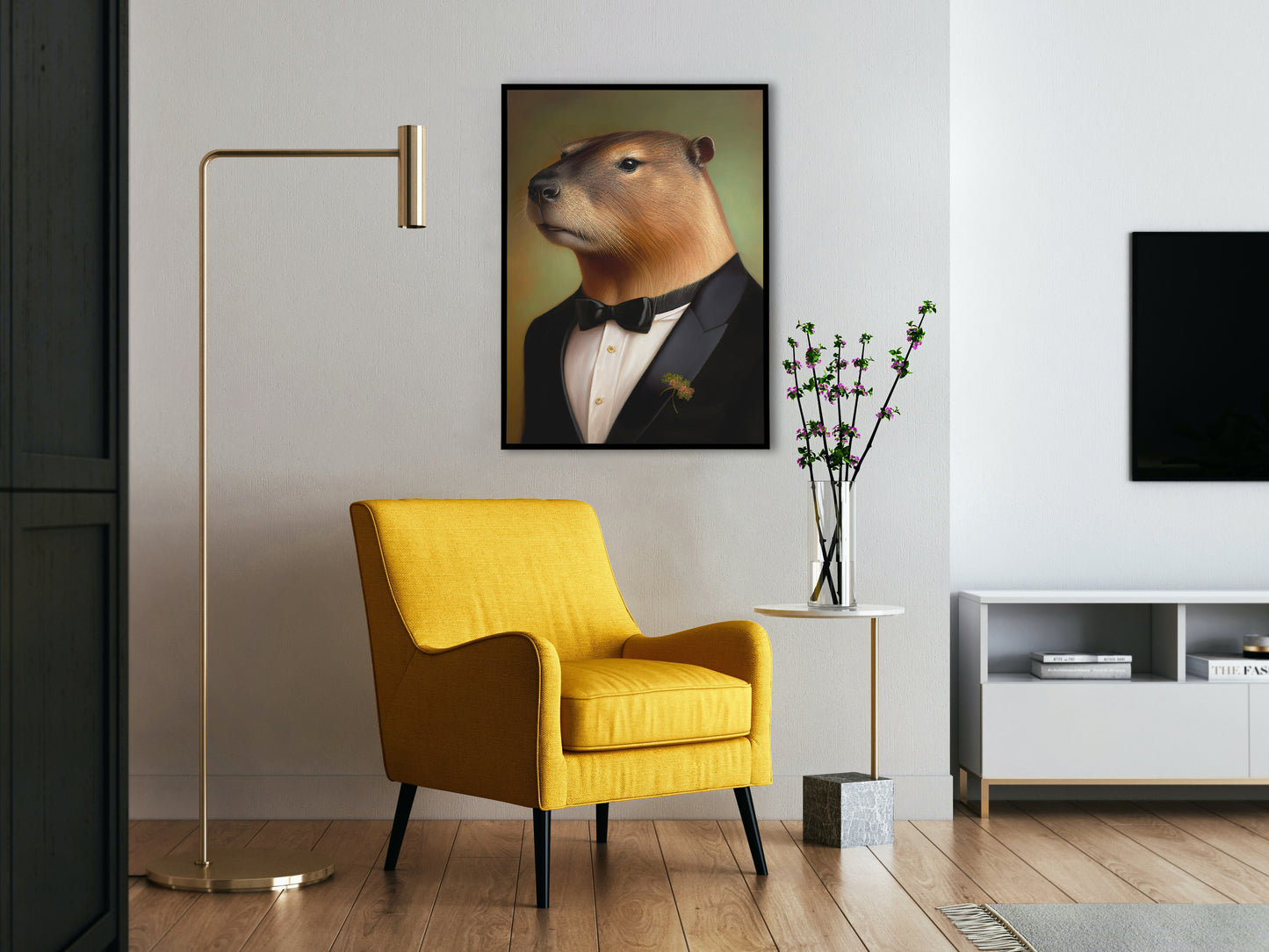 Capybara in tuxedo poster in a black frame on a living room wall with a yellow armchair
