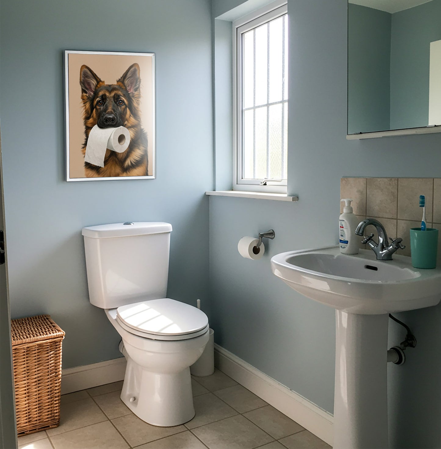 German Shepherd Bathroom Poster – Funny Dog Wall Art, Toilet Humor Decor, GSD Gift, Framed Print for Dog Lovers, WC Home Decoration