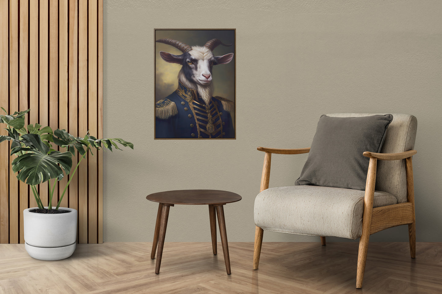 Goat in military uniform poster on a taupe wall above a beige armchair next to wooden slats