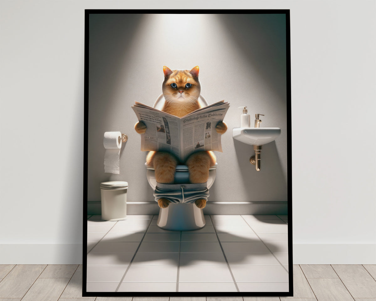 Golden shaded British Shorthair cat reading the newspaper on the toilet, gray restroom under a spotlight, black frame