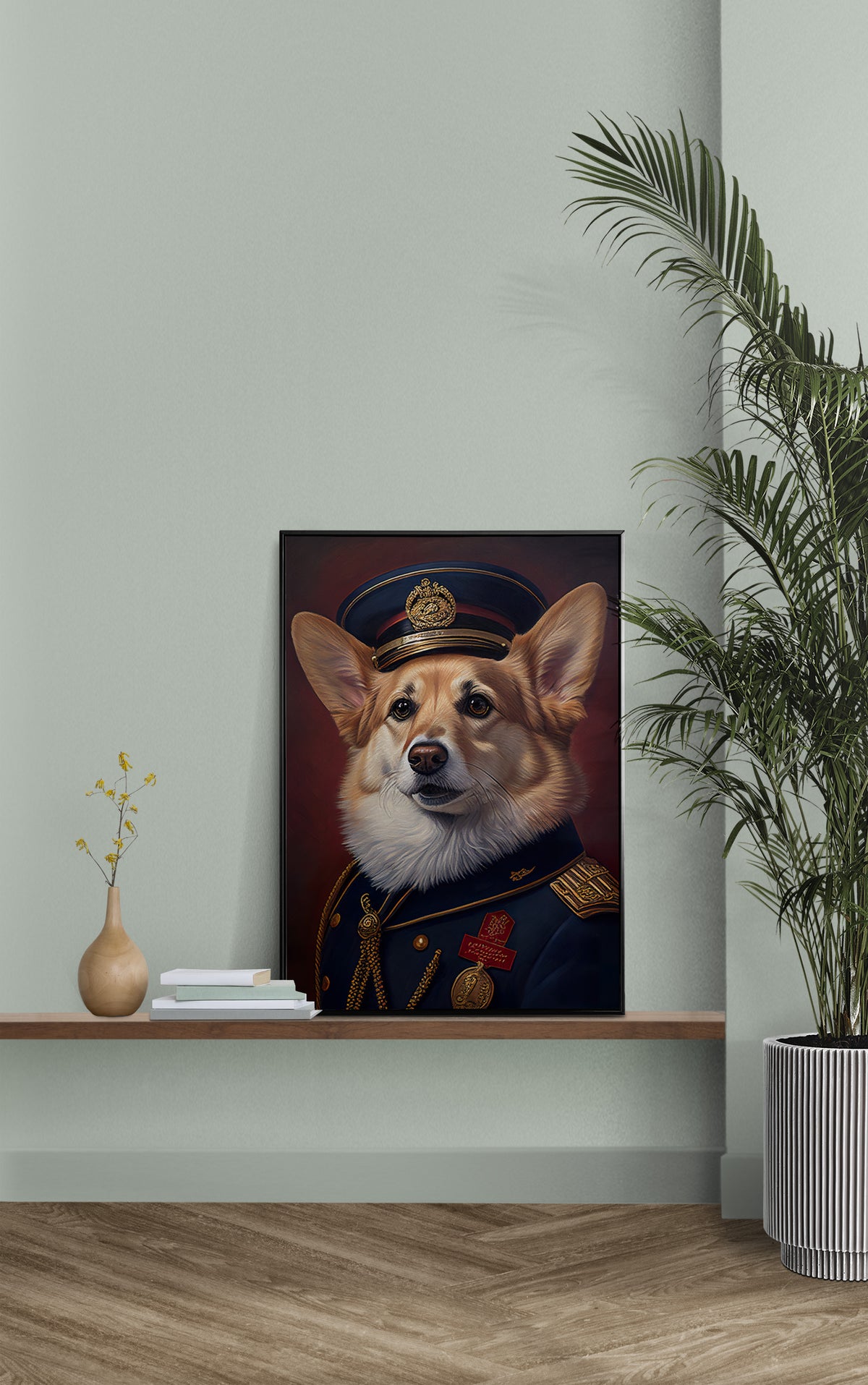 Poster corgi en uniforme sur une étagère murale, mur vert sauge et palmier en pot