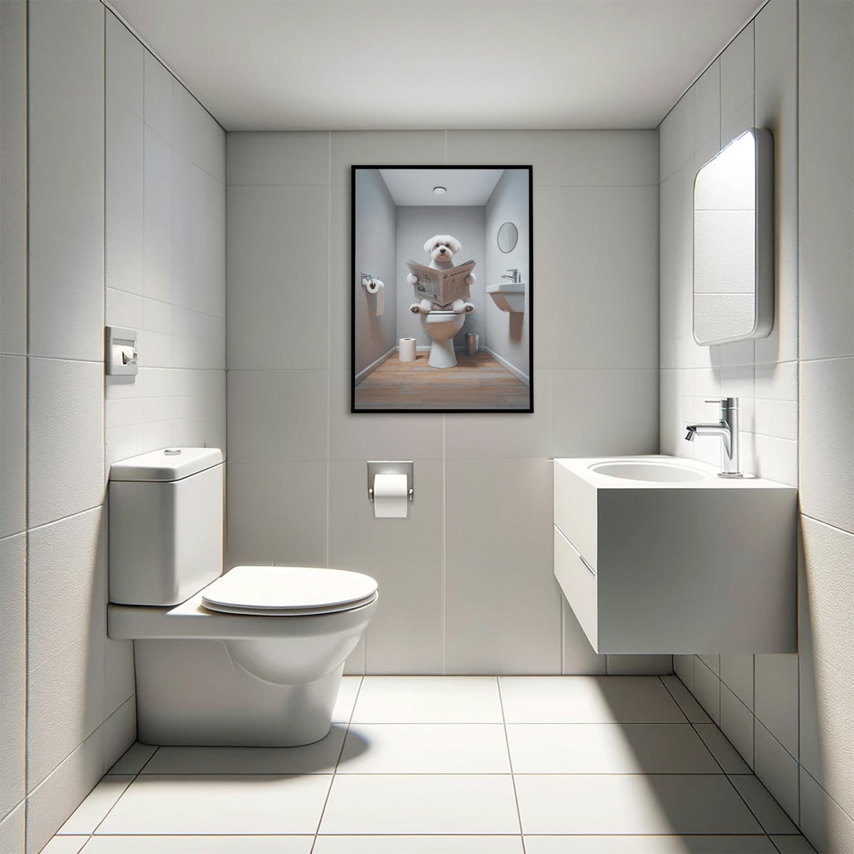 Poster Bichon Maltais lisant le journal en cadre noir au-dessus des toilettes, WC carrelé blanc