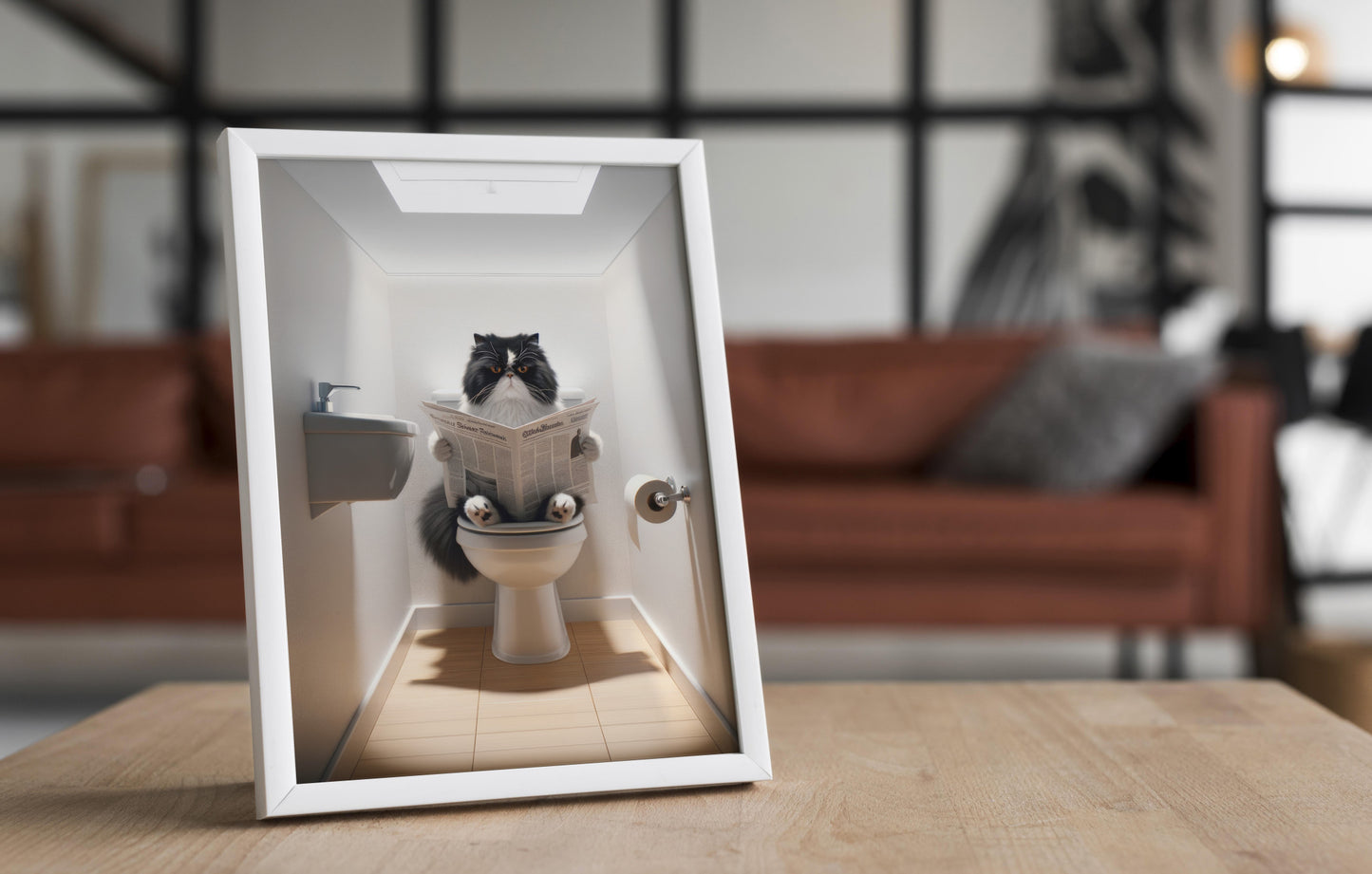 Affiche Humour : Chat Persan Noir et Blanc lisant aux Toilettes - Déco WC & Salle de Bain, Cadeau Rigolo pour Amateurs de Chats
