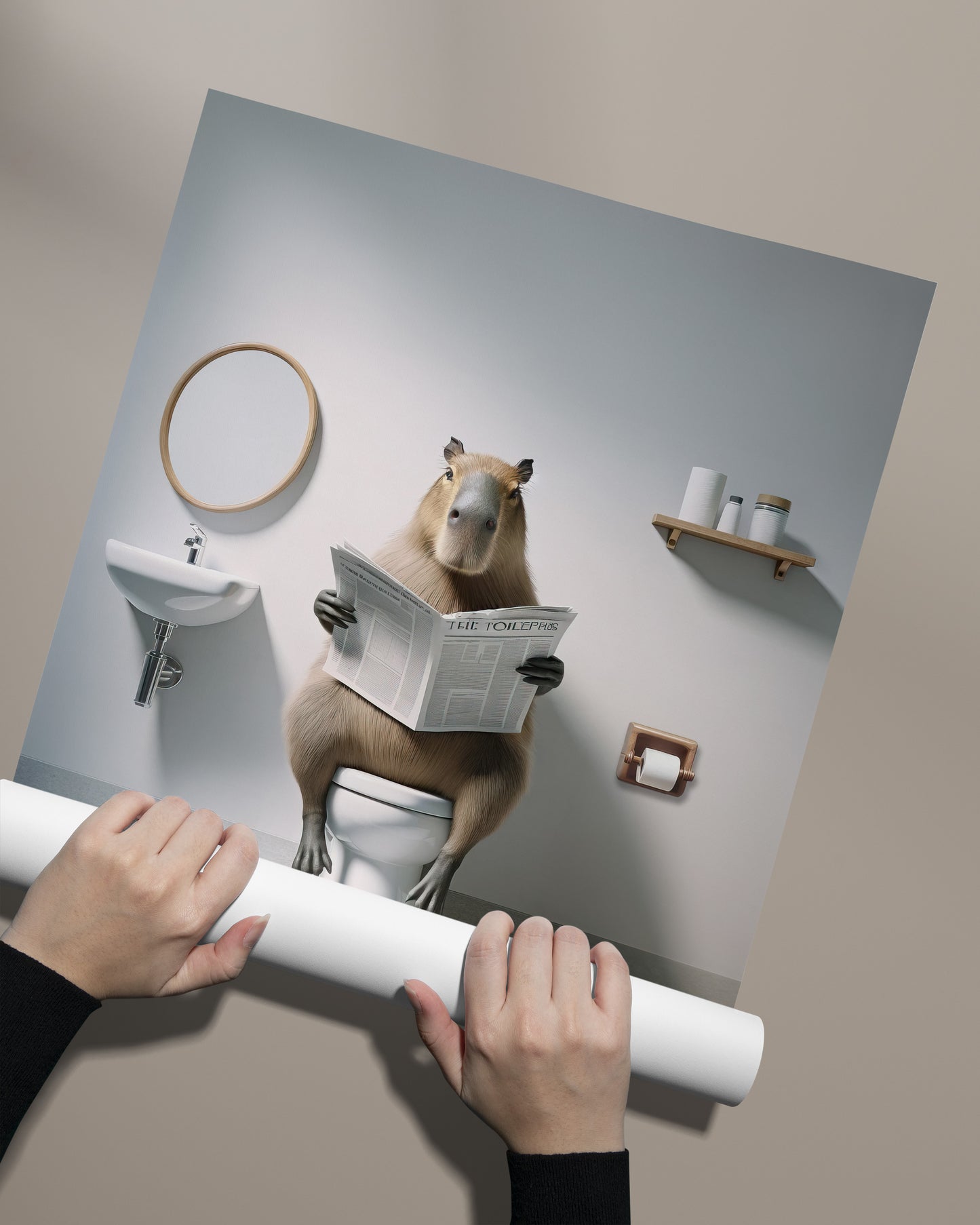 Poster capybara lisant le journal aux toilettes déroulé à la main sur fond taupe