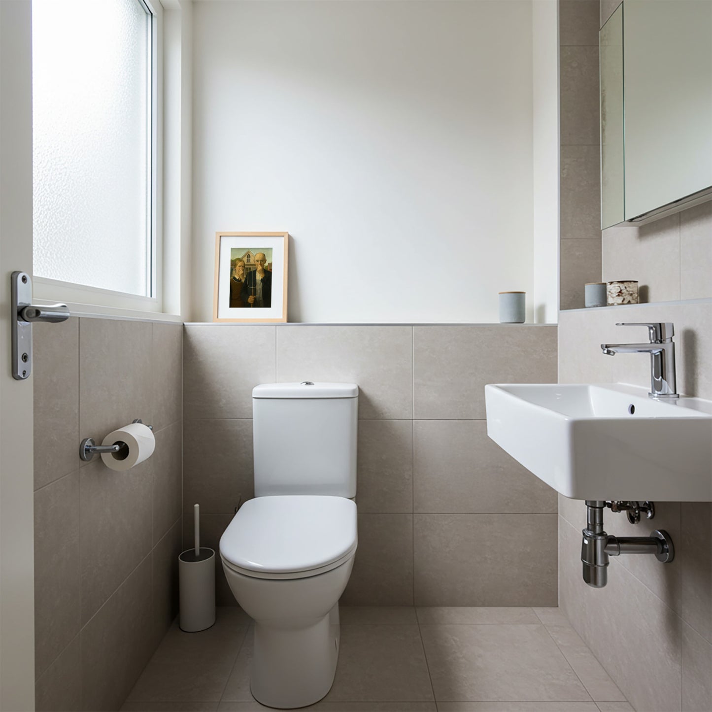 Funny Bathroom Poster – Quirky Restroom Wall Art, American Gothic Parody, Toilet Humor Decor, Unique Framed Gift for Home