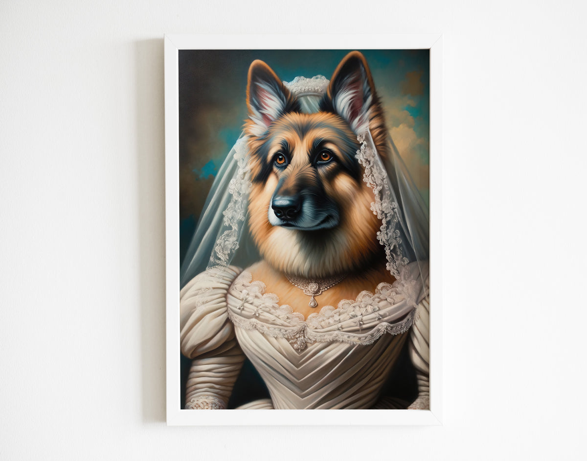 Poster berger allemand mariée dans un cadre blanc sur un mur blanc