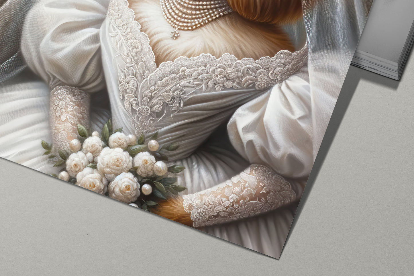Détail du poster chien Cavalier King Charles en robe de mariée : bouquet de roses blanches, dentelle et perles