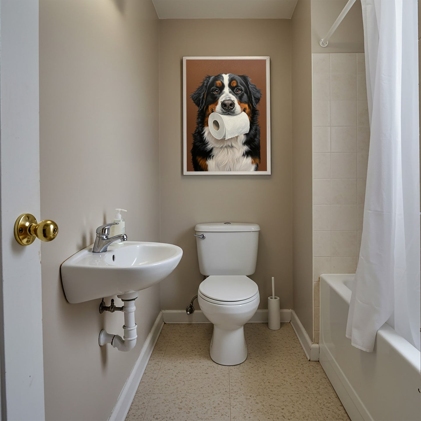 Poster humour WC Bouvier bernois encadré au-dessus des toilettes, salle de bain beige et rideau de douche