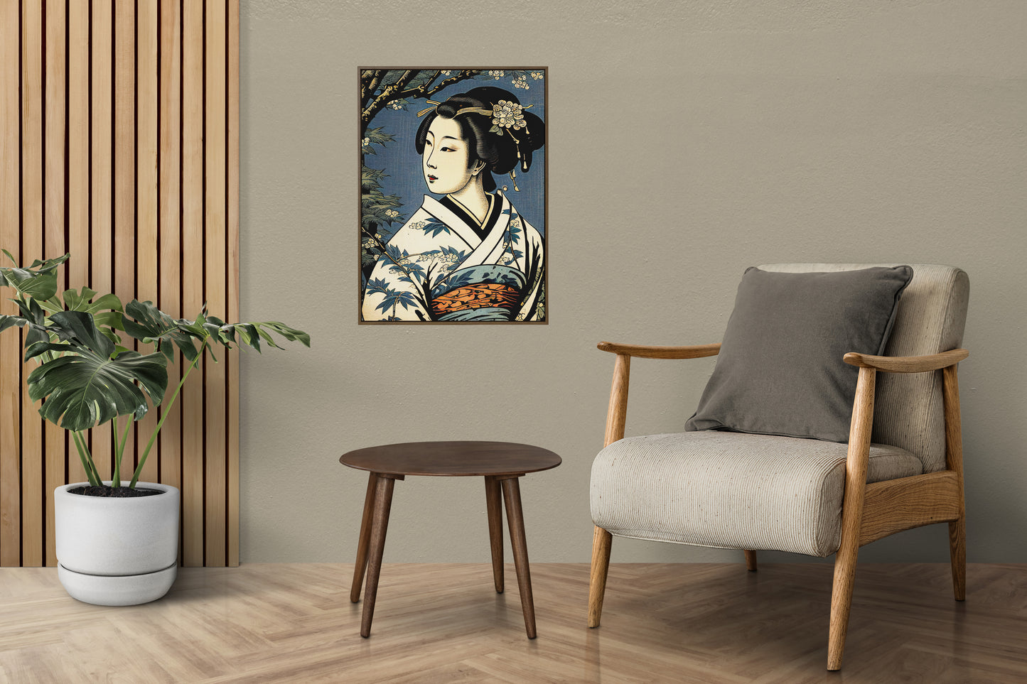 Poster geisha au kimono crème au mur d'un salon beige, fauteuil en bois et table ronde