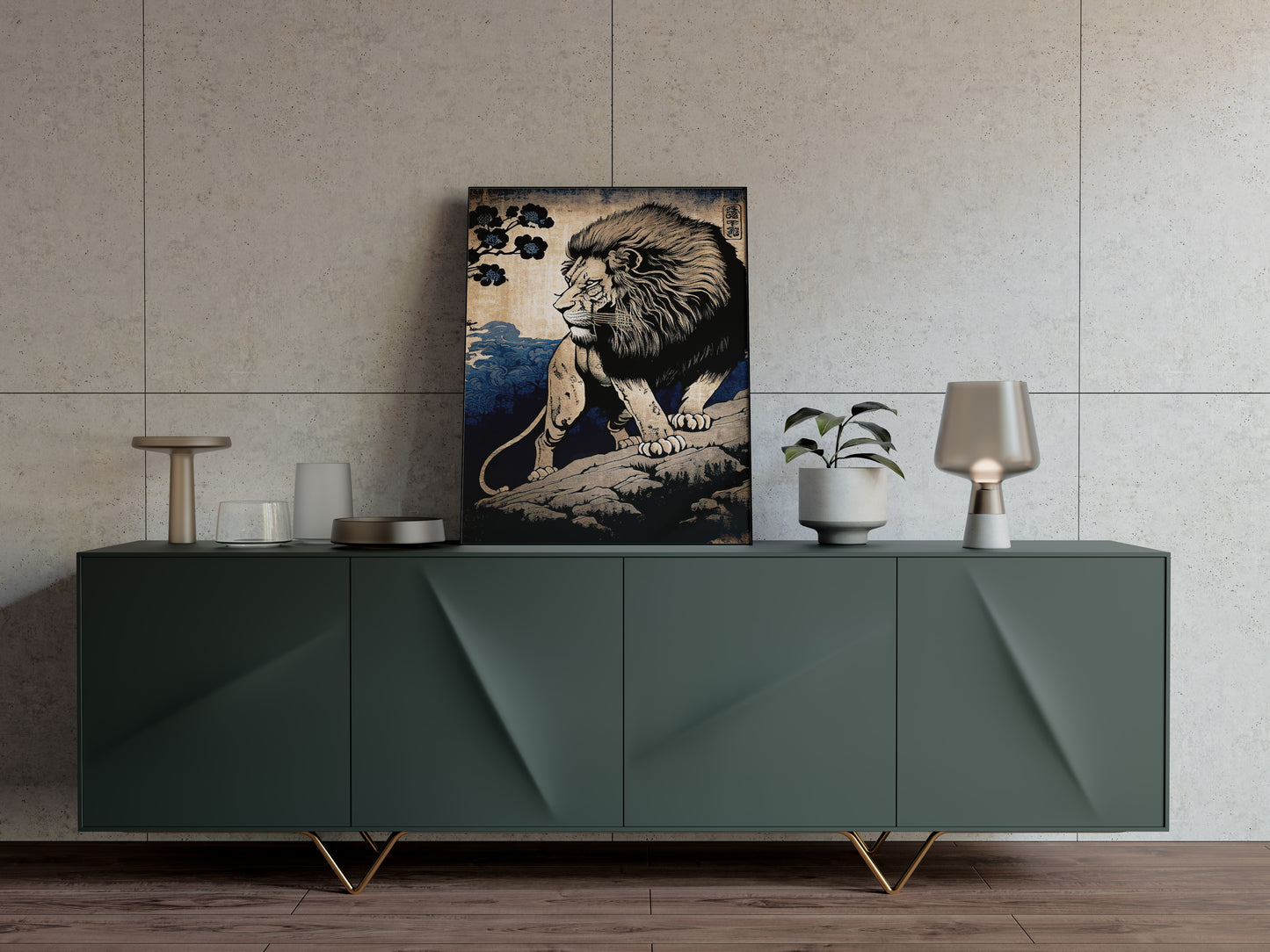 Affiche Lion Japonaise - Poster Style Ukiyo-e, Art Mural Illustration, Décoration Murale Japonaise