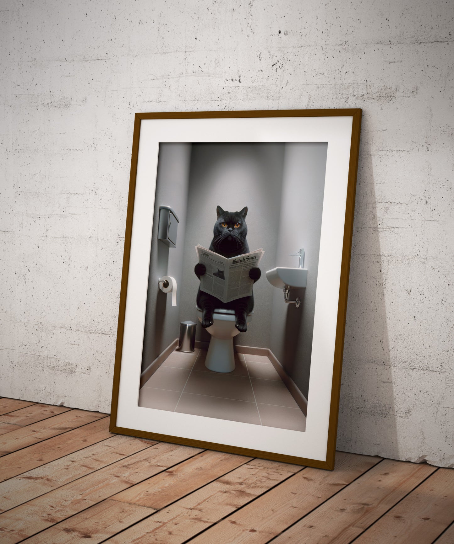 Affiche chat British Shorthair noir en cadre bois foncé avec passe-partout, posé sur un parquet