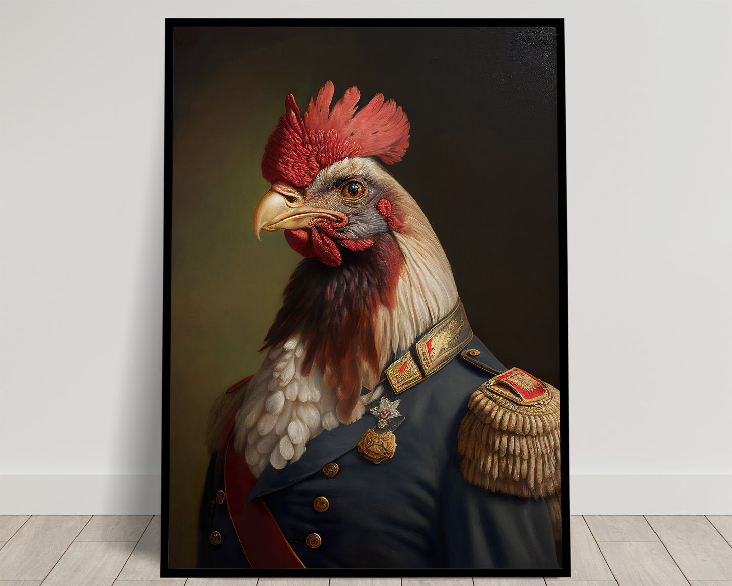 Portrait d'un coq à crête rouge en uniforme bleu marine à épaulettes dorées et médaille, poster Balthazart Studio