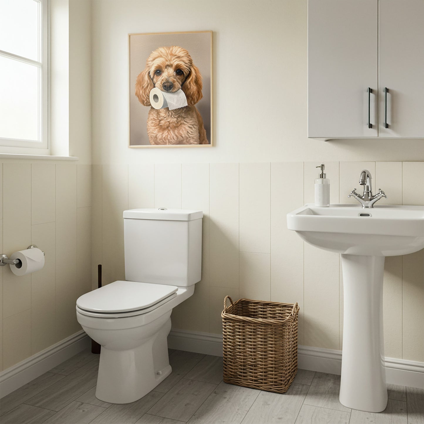 Poster chien caniche drôle pour toilettes – Cadeau original WC, affiche murale encadrée, déco murale, cadeau chien crème