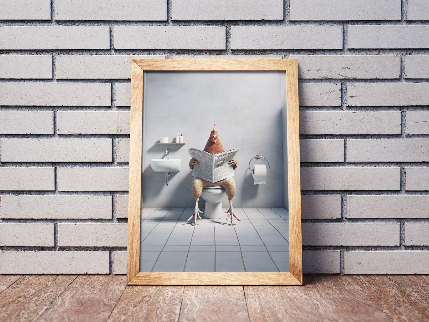 Poster Humoristique : Poule Lisant le Journal sur les Toilettes, Cadre Déco WC, Affiche Salle de Bain, Cadeau fun