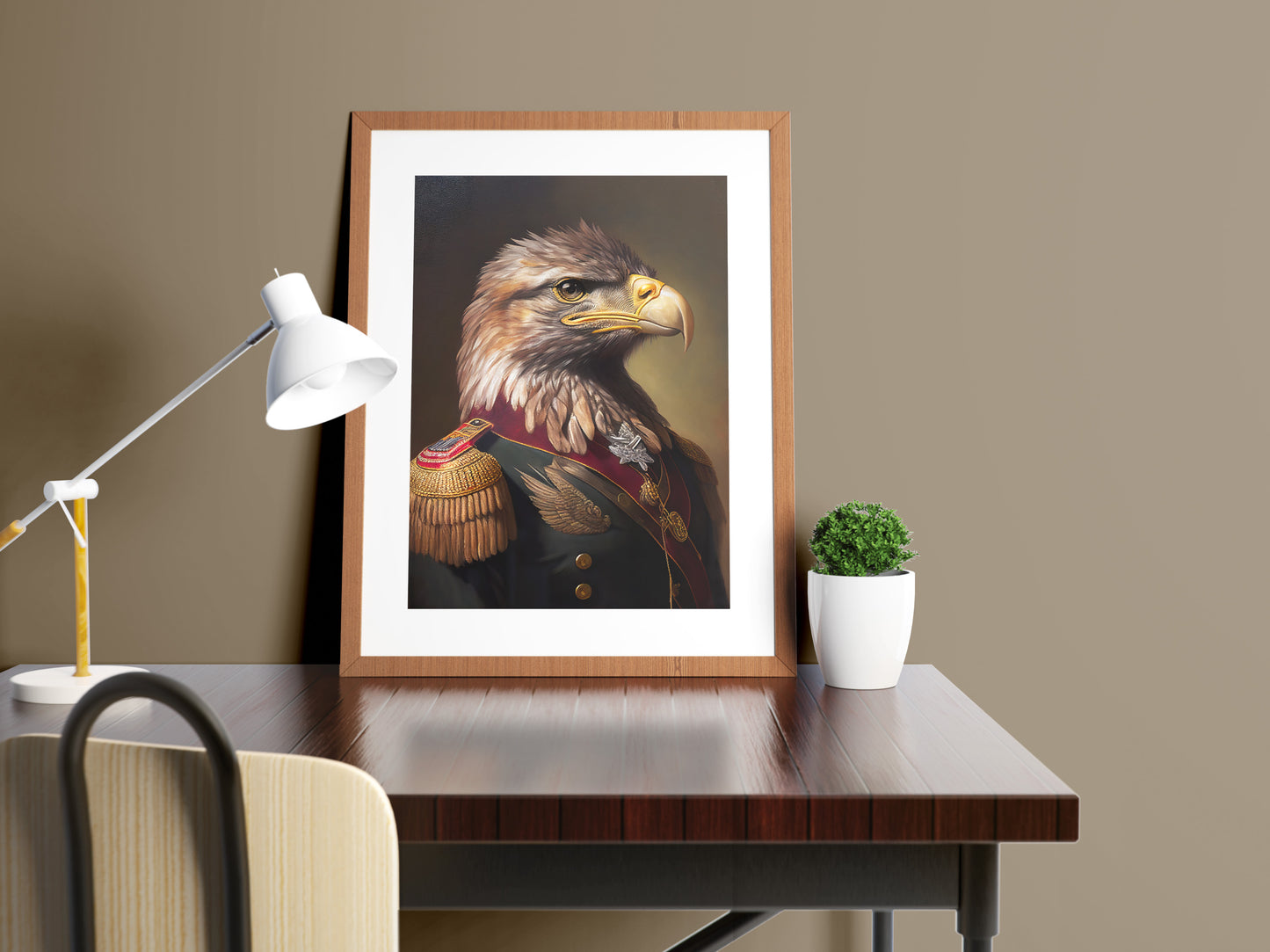 Poster aigle officier, cadre en bois et passe-partout, sur un bureau près d'une lampe blanche
