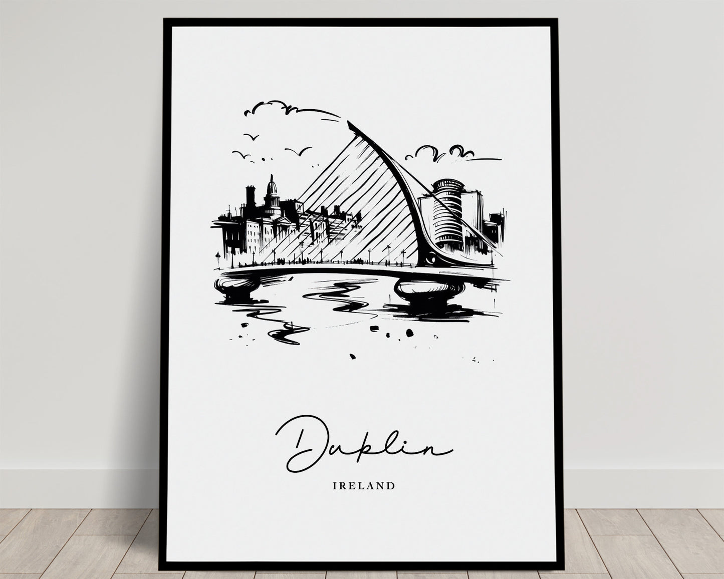 Croquis à l'encre du pont Samuel Beckett sur la Liffey à Dublin, noir et blanc, nom manuscrit, poster Balthazart Studio