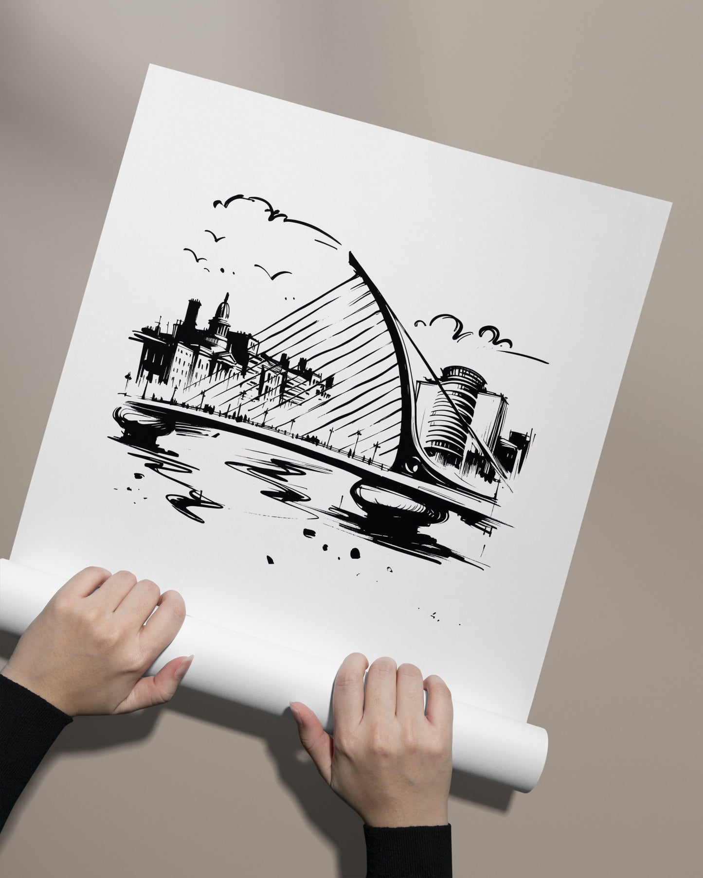 Poster Dublin noir et blanc déroulé à la main, sans cadre