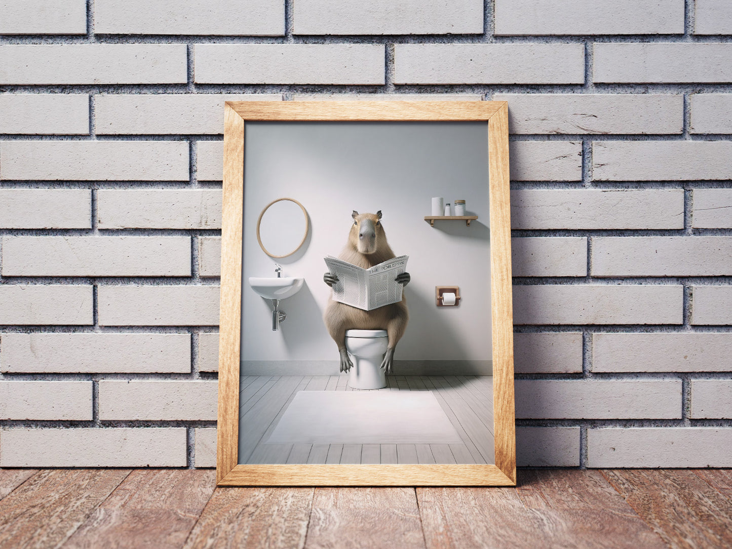 Poster capybara lisant le journal aux toilettes en cadre bois clair posé au sol devant un mur de briques blanches