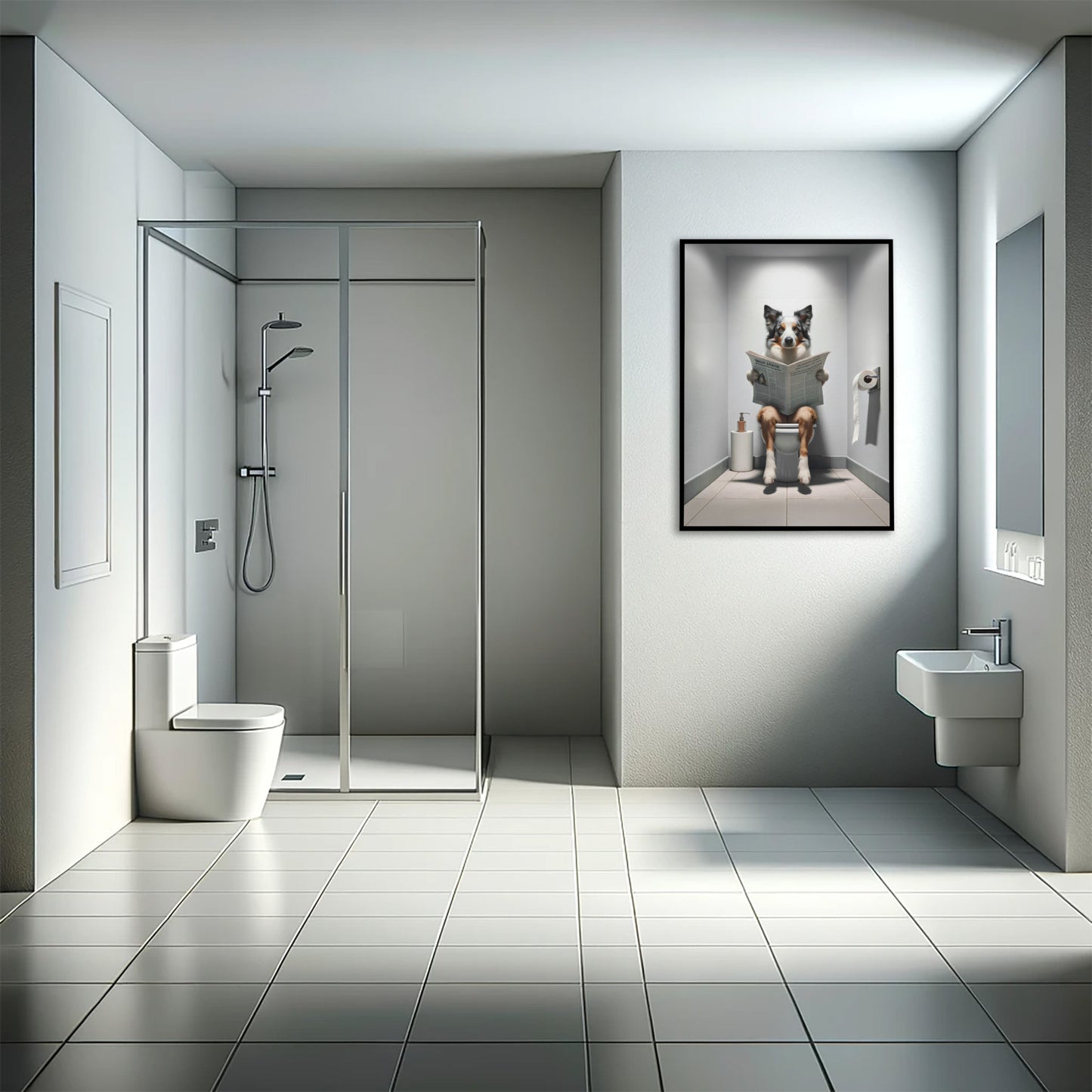 Poster Border Collie lisant le journal en cadre noir dans une salle de bain moderne avec douche à l'italienne