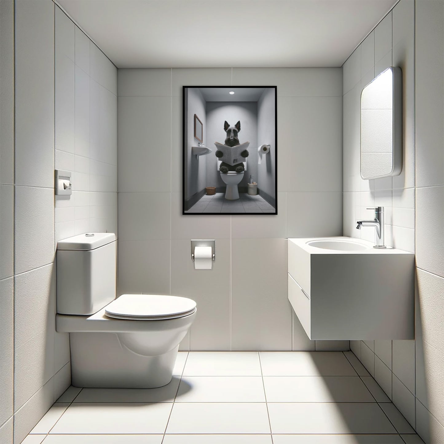 Scottish Terrier Reading Newspaper Poster - Funny Bathroom Decor, WC Art, Gag Gift for Toilet Wall