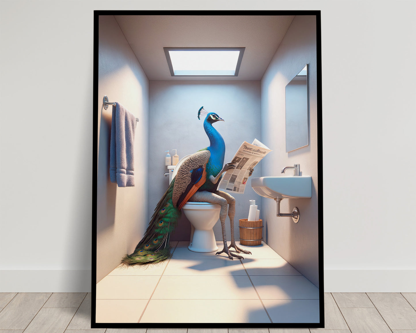 Paon bleu à la longue traîne verte lisant le journal sur les toilettes, sous un puits de lumière, poster humour