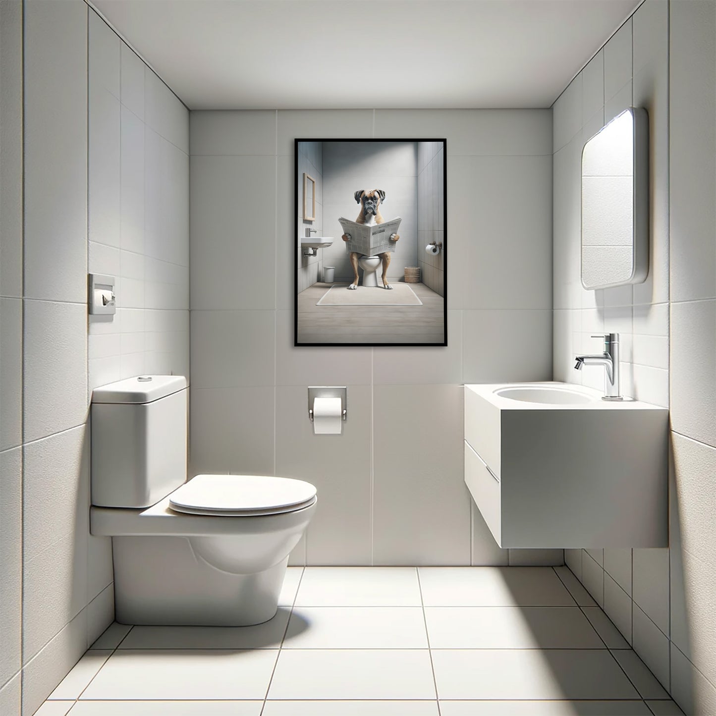 Poster boxer lisant le journal aux toilettes en cadre noir au-dessus d'un WC suspendu, toilettes carrelées