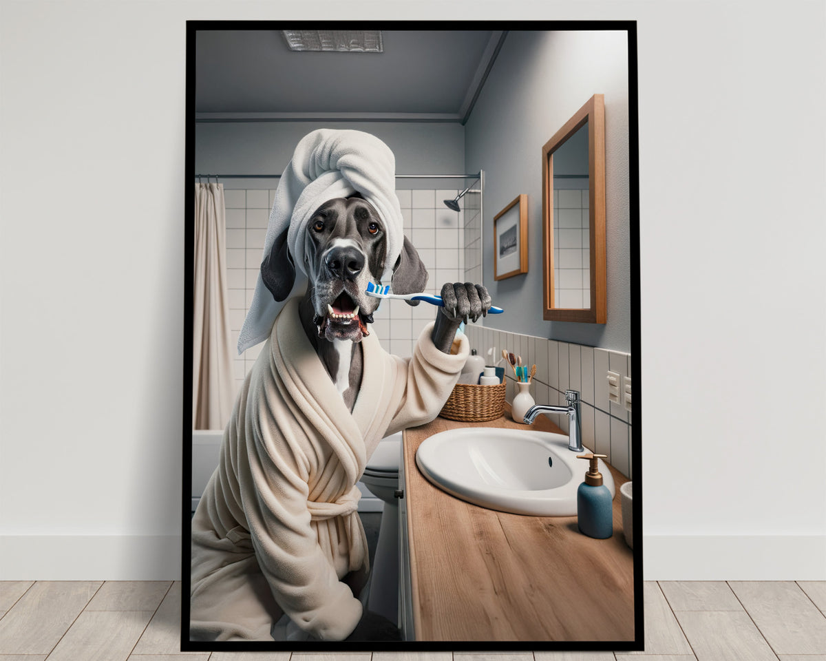 Great Dane in a bathrobe and towel turban brushing its teeth by a vanity sink, Balthazart Studio poster