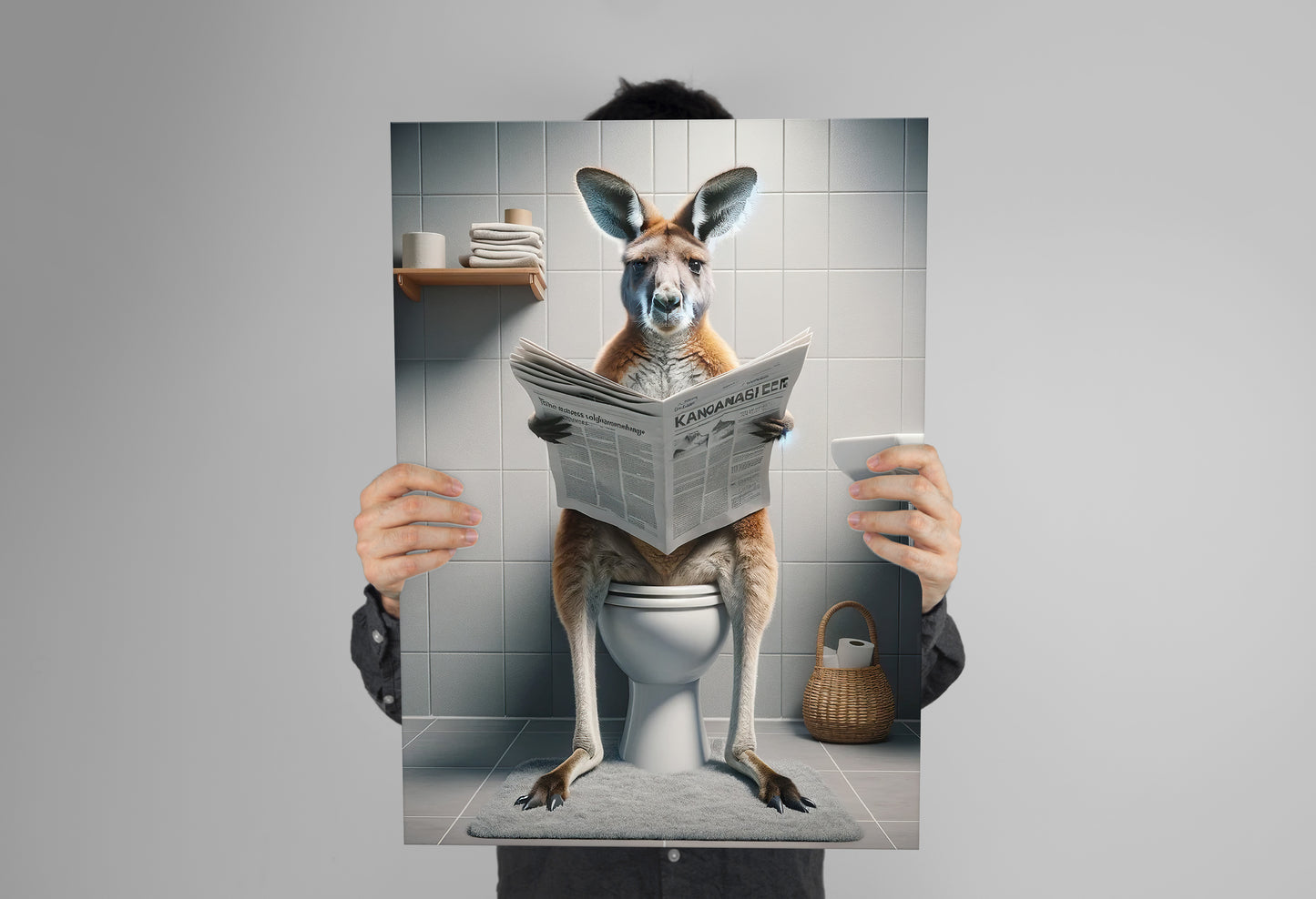 Kangaroo bathroom humor poster held in two hands in front of a plain gray backdrop