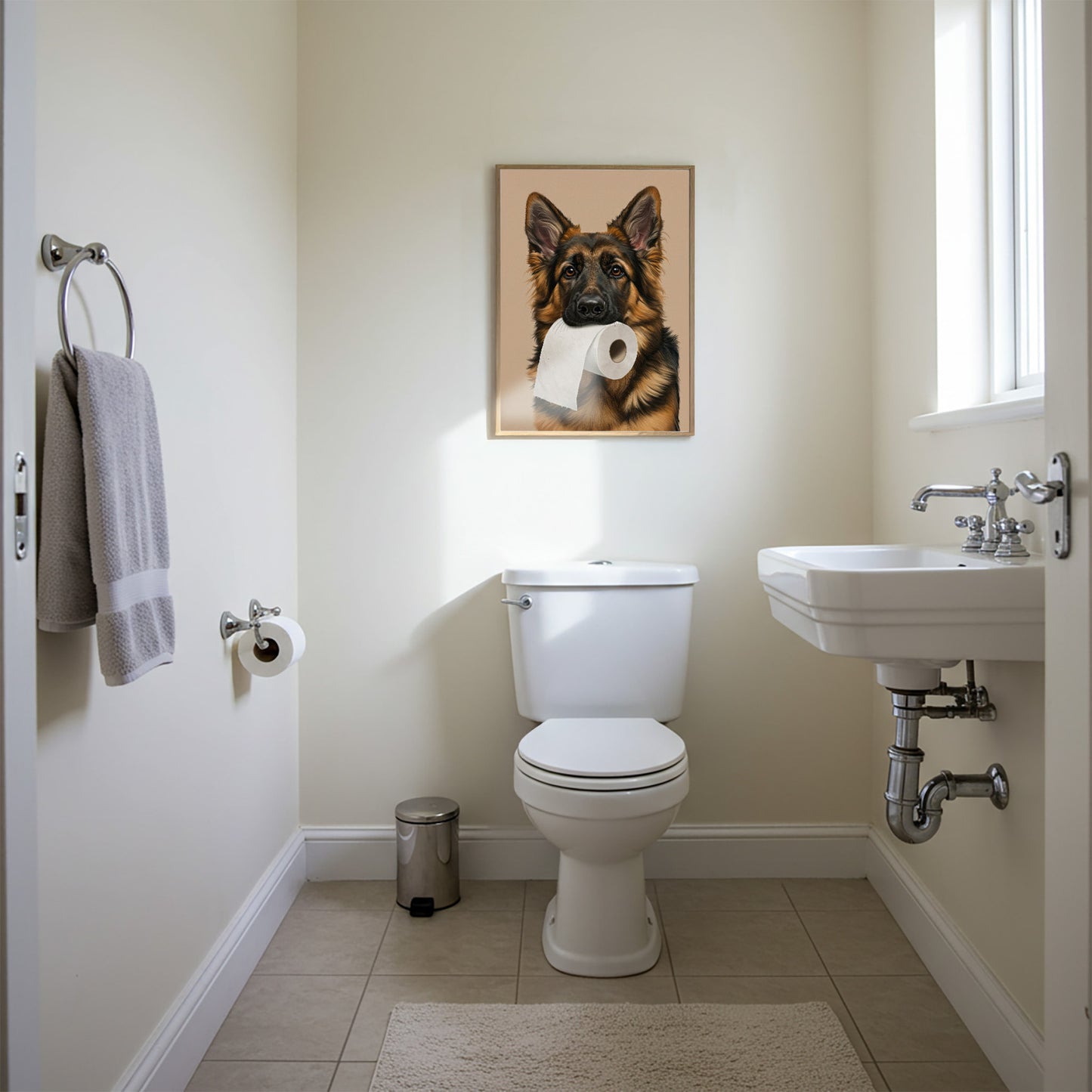 Poster Berger Allemand Humour Toilettes – Affiche Chien Drôle pour WC, Cadeau Décoration Murale, Idée Cadeau Originale